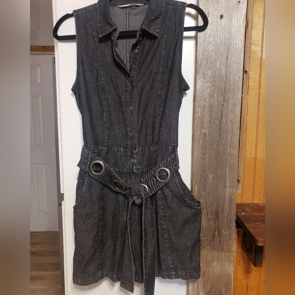 Denim Romper Shorts Sleeveless Detail Belt Med Relaxed Fit Pockets